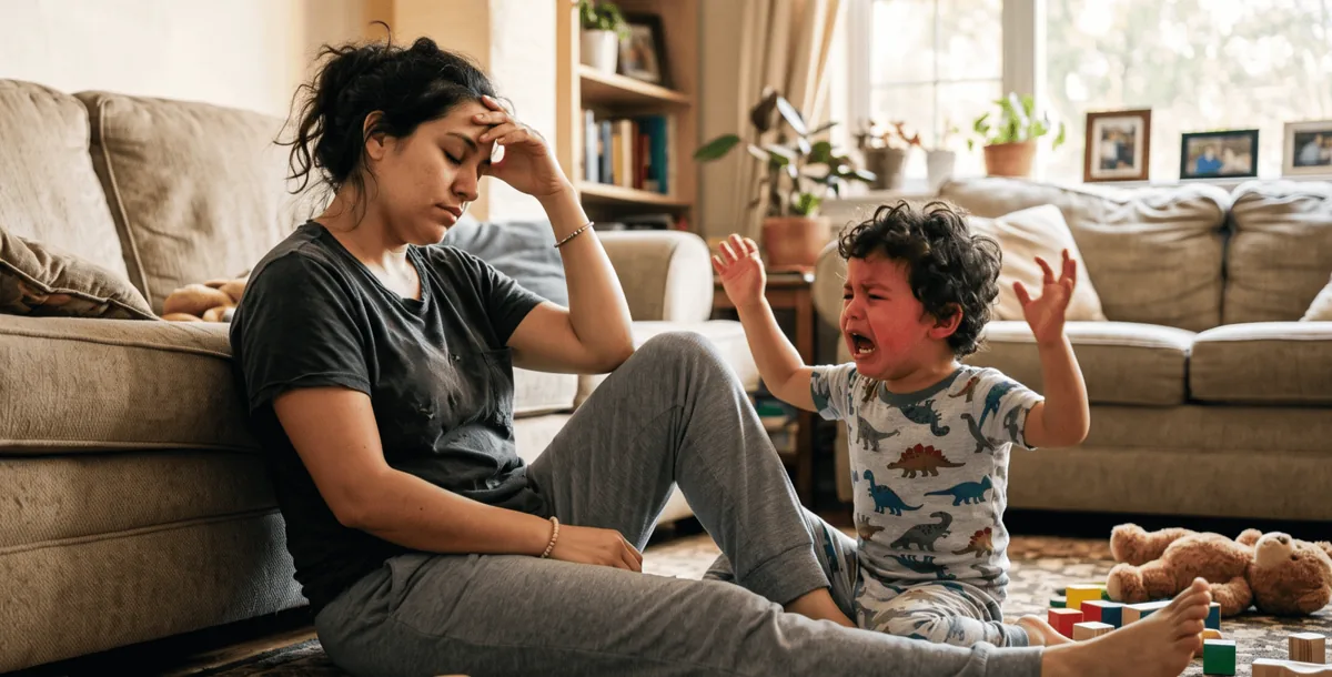 Zmęczona mama obok swojego dziecka
